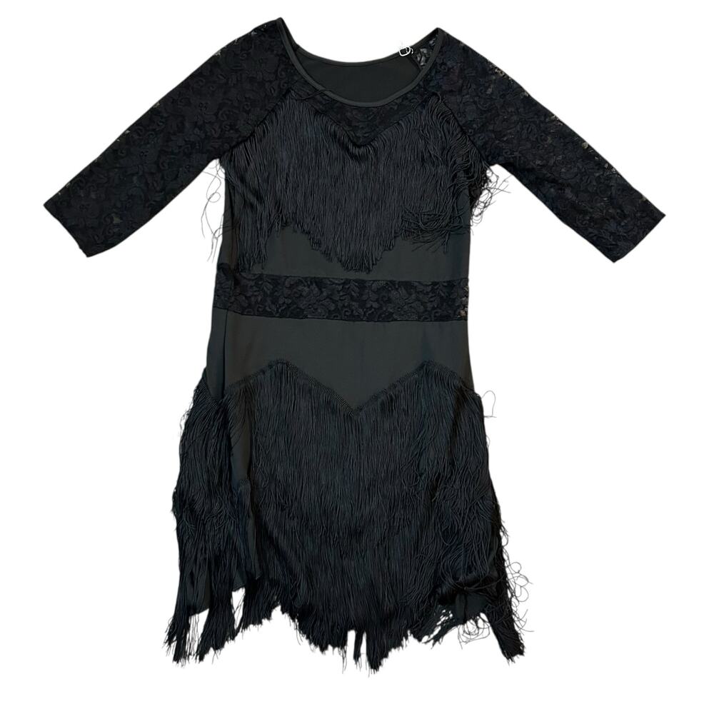 Black Lace & Fringe Mini Pullover Dress Womens Large Goth Western Dance Cosplay